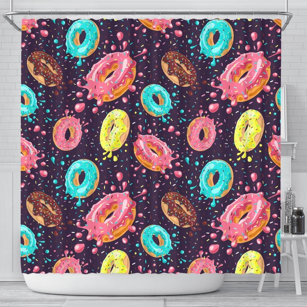 Pink donut glaze Pattern Shower Curtain Home Bathroom Fabric & 12hooks 71*71inch 